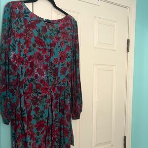 Floral Teal and Red Long-Sleeve Women's Dress